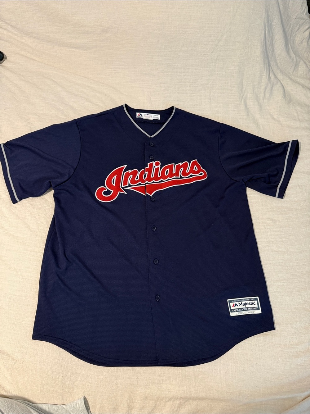 Majestic Navy Indians Button-Front Baseball Jersey with Red Script